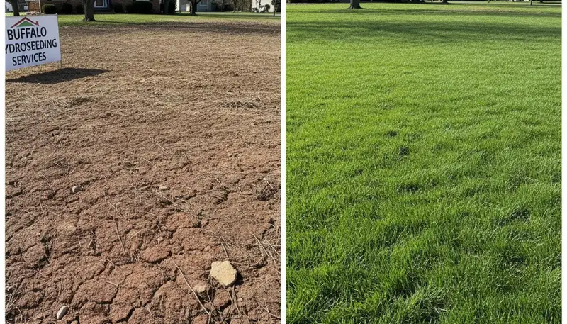 Before and after hydroseeding transformation showing lush green lawn growth in Buffalo, NY landscaping project
