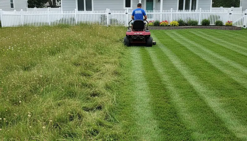 Before and after lawn mowing transformation by Chop Chop Landscaping in Buffalo, NY