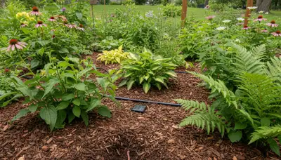 Organic landscape beds with lush plants and natural mulch in Buffalo, NY by Chop Chop Landscaping
