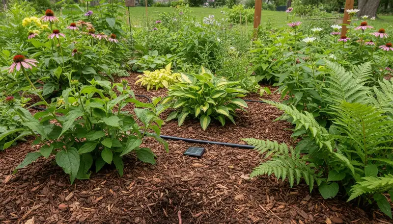 Organic landscape beds with lush plants and natural mulch in Buffalo, NY by Chop Chop Landscaping