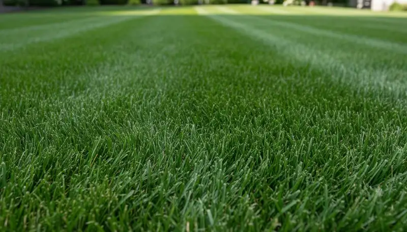 Close-up of freshly mowed Buffalo, NY lawn showing precise grass blade cuts by Chop Chop Landscaping