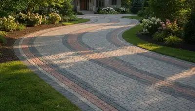 Curved paver driveway design by professional landscapers in Buffalo, NY showcasing expert craftsmanship