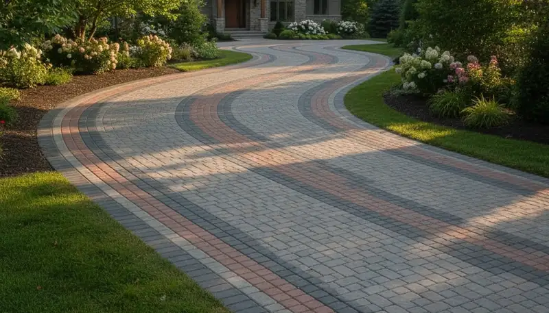 Curved paver driveway design by professional landscapers in Buffalo, NY showcasing expert craftsmanship