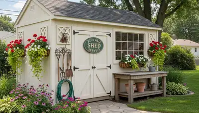 Decorative garden shed with lush landscaping in Buffalo, NY by Chop Chop Landscaping