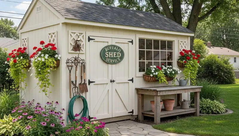 Decorative garden shed with lush landscaping in Buffalo, NY by Chop Chop Landscaping
