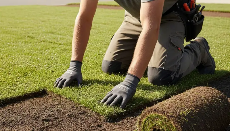 Professional sod installation technician laying fresh turf in Buffalo, NY for a lush residential lawn