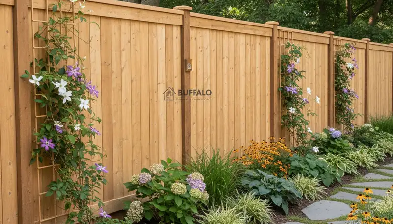 Decorative fence with lush landscape plantings by Chop Chop Landscaping in Buffalo, NY