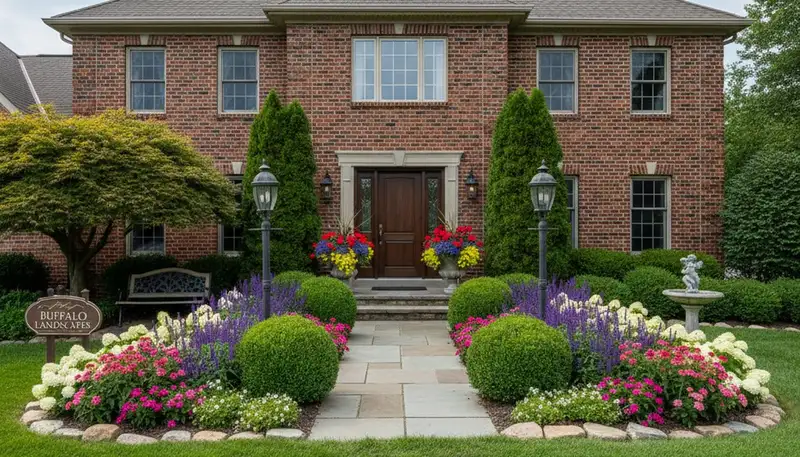Front yard landscape design with colorful shrubs and flowers enhancing curb appeal in Buffalo, NY