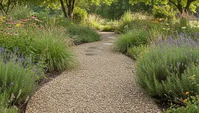 Pea gravel garden pathway installation in Buffalo, NY showcasing natural, low-maintenance landscaping design