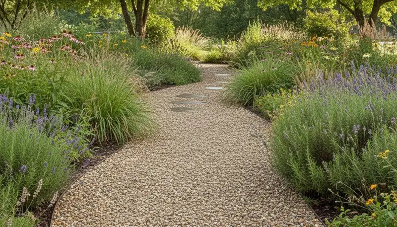 Pea gravel garden pathway installation in Buffalo, NY showcasing natural, low-maintenance landscaping design