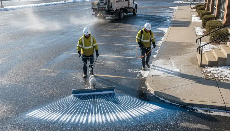Professional de-icing and salt application on Buffalo, NY pavement by Chop Chop Landscaping