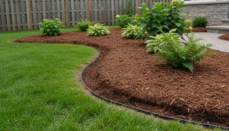 Professional mulch installation with clean bed edging by Chop Chop Landscaping in Buffalo, NY