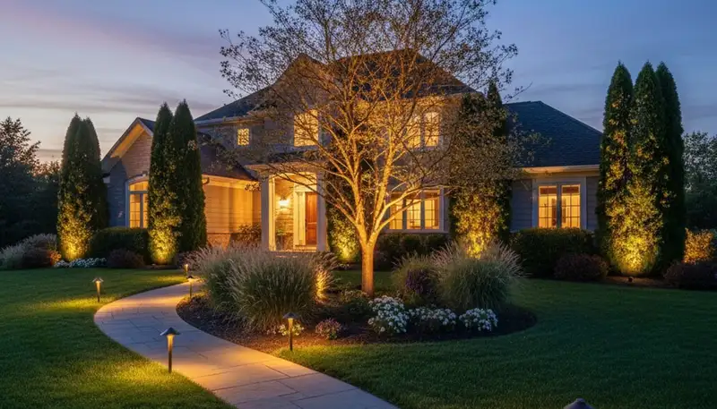 Evening landscape lighting highlighting Buffalo, NY home architecture and gardens by Chop Chop Landscaping