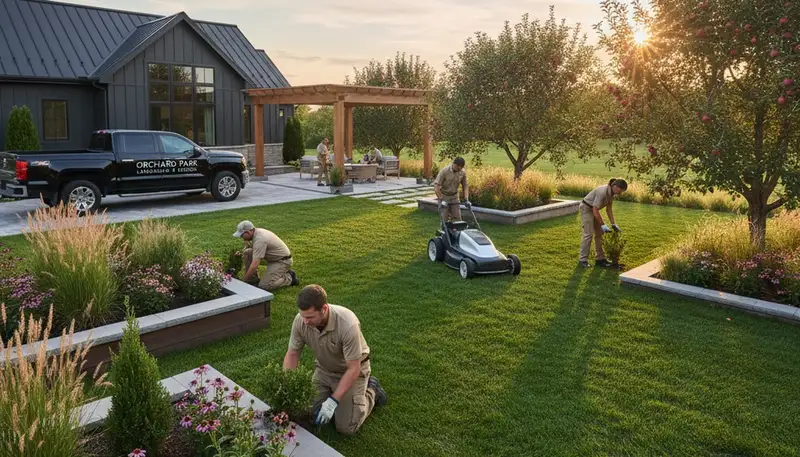 Landscaping crew serving Buffalo, NY, providing professional lawn and landscape maintenance