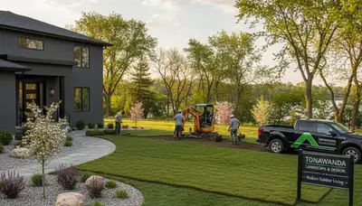 Buffalo, NY landscaping crew maintaining a residential yard with professional lawn care services