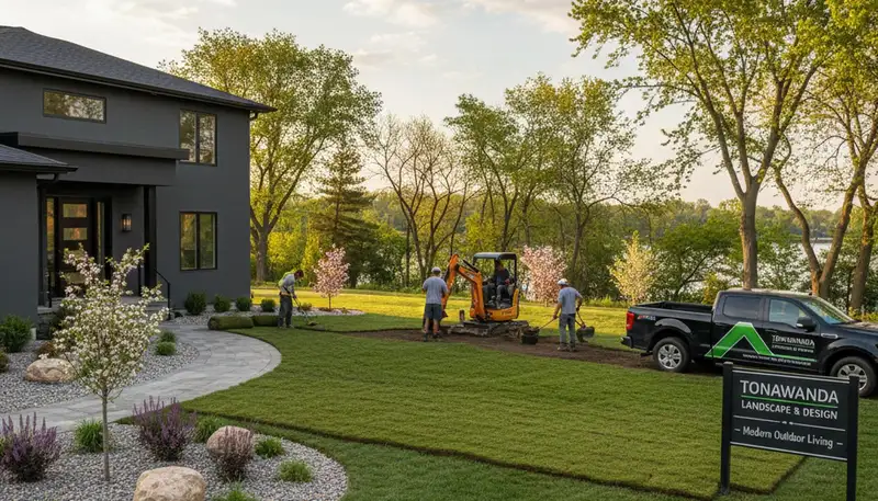 Buffalo, NY landscaping crew maintaining a residential yard with professional lawn care services