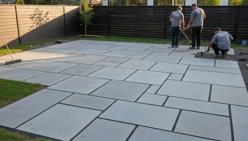 Modern large-format stone slab patio installation by professional landscapers in Buffalo, NY