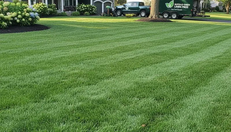 Lush green residential lawn showing professional lawn care results by Chop Chop Landscaping in Buffalo, NY