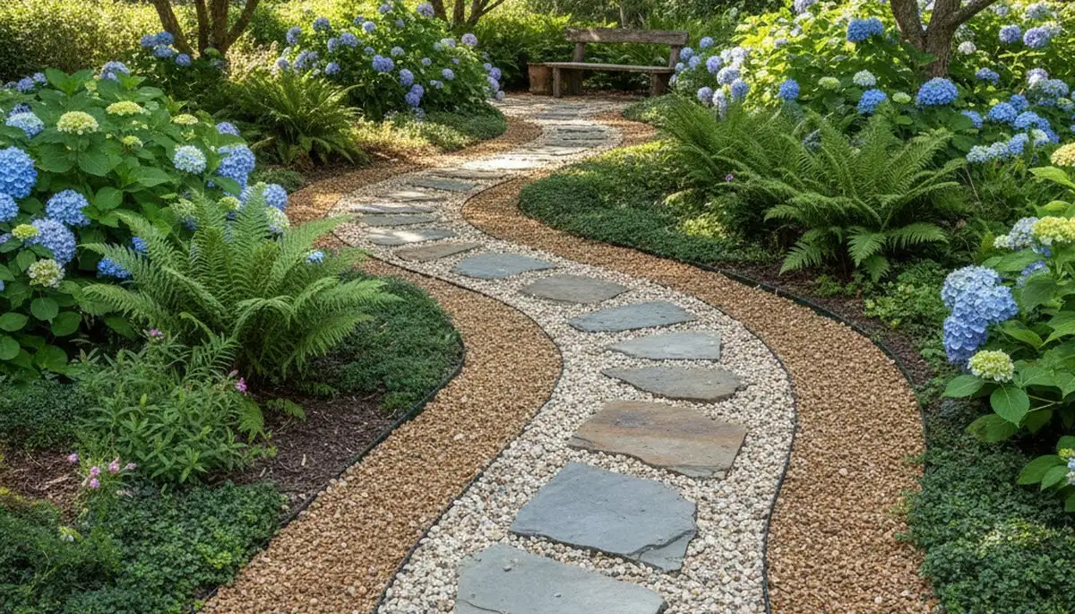 Mixed gravel and stone pathway with pea gravel infill by landscaping pros in Buffalo, NY
