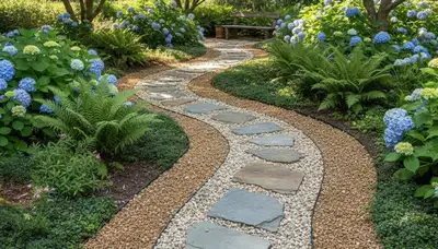Mixed gravel and stone pathway with pea gravel infill by landscaping pros in Buffalo, NY