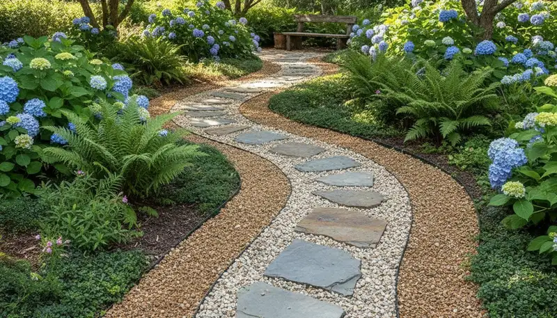 Mixed gravel and stone pathway with pea gravel infill by landscaping pros in Buffalo, NY