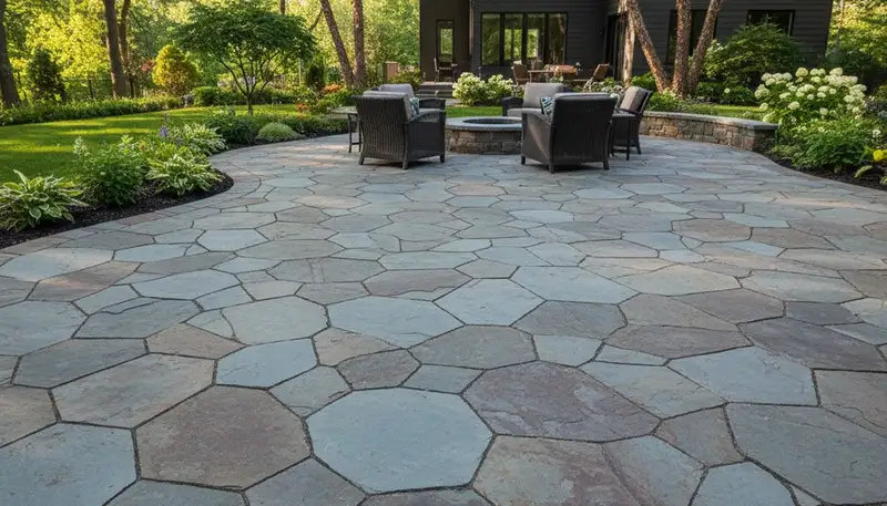 Flagstone patio installation with natural stone pavers by professional landscapers in Buffalo, NY