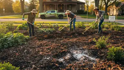 Organic compost and natural fertilizer applied to garden beds by landscapers in Buffalo, NY
