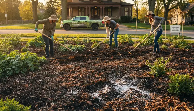 Organic compost and natural fertilizer applied to garden beds by landscapers in Buffalo, NY