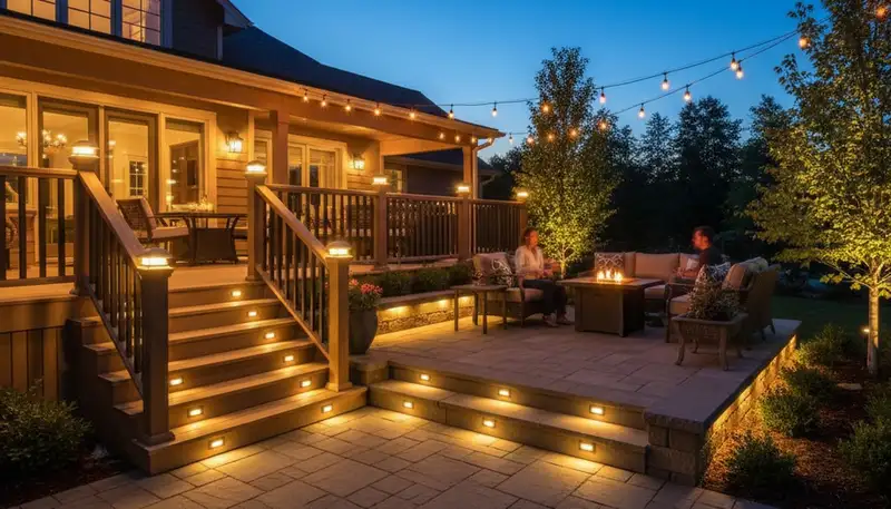 Outdoor deck and patio lighting installation in Buffalo, NY with step, post, and ambient landscape lights