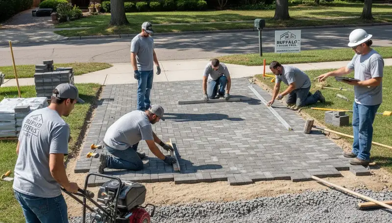 Professional crew installing driveway pavers in Buffalo, NY for Chop Chop Landscaping