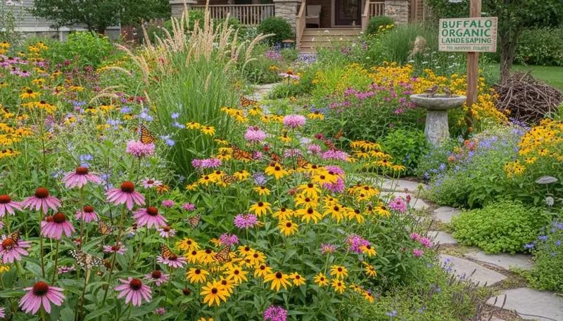 Pollinator-friendly native garden by organic landscapers in Buffalo, NY with bees and butterflies in bloom