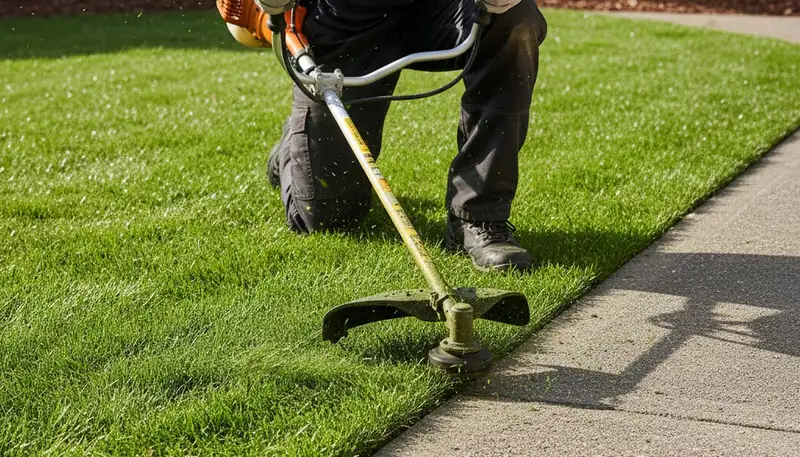 Technician edging Buffalo lawn with string trimmer for precise, clean borders | Lawn maintenance Buffalo NY