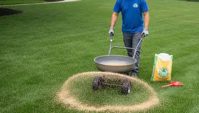Lawn care technician applying fertilizer with spreader on residential lawn in Buffalo, NY