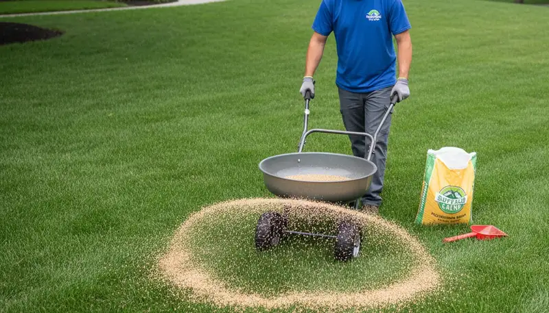 Lawn care technician applying fertilizer with spreader on residential lawn in Buffalo, NY