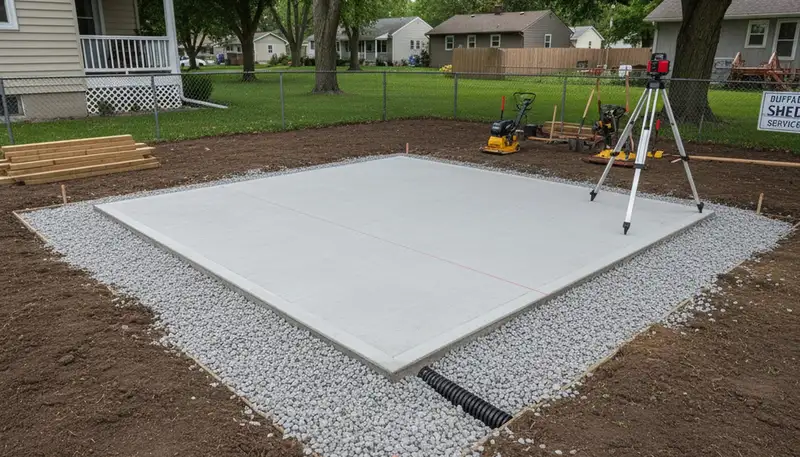 Shed foundation preparation with gravel base by landscaping pros in Buffalo, NY