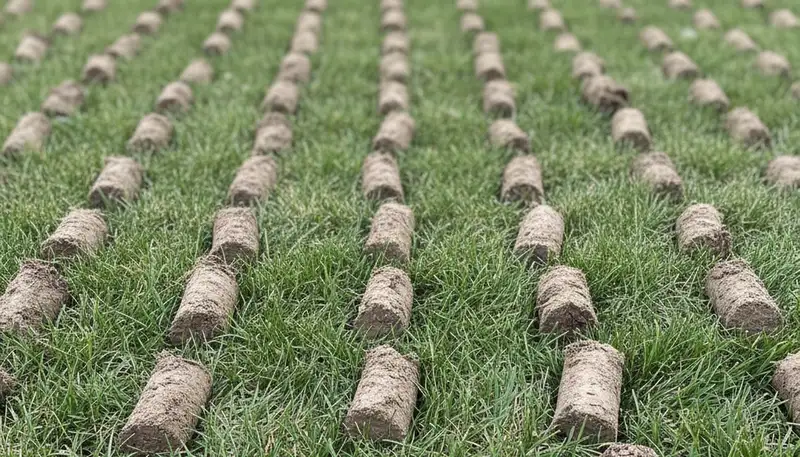 Close-up of lawn aeration soil core plugs showing aeration depth and soil health in Buffalo, NY lawn care