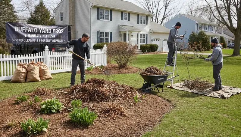 Buffalo NY landscapers performing spring yard cleanup, clearing debris and pruning garden beds