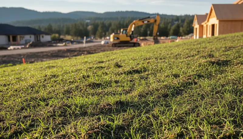 Fresh grass seedlings sprouting after hydroseeding in Buffalo, NY lawn by Chop Chop Landscaping
