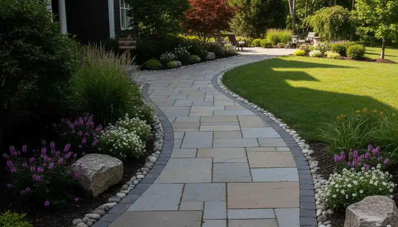 Curved stone paver walkway installed by Chop Chop Landscaping in Buffalo, NY residential yard