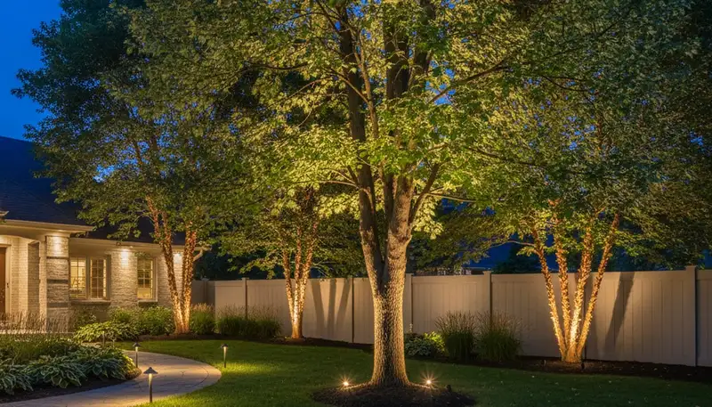 Tree uplighting at night by Chop Chop Landscaping in Buffalo, NY showcasing professional landscape lighting