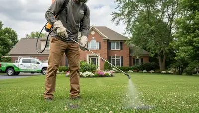 Lawn care technician applying weed control treatment on Buffalo, NY lawn with professional sprayer
