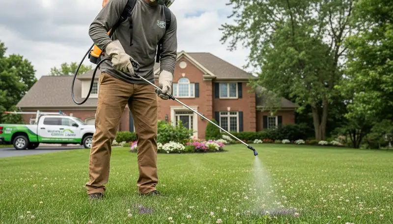 Lawn care technician applying weed control treatment on Buffalo, NY lawn with professional sprayer