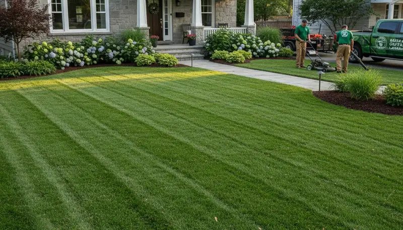 Lush green lawn with neat edges showing expert residential lawn maintenance in Buffalo, NY