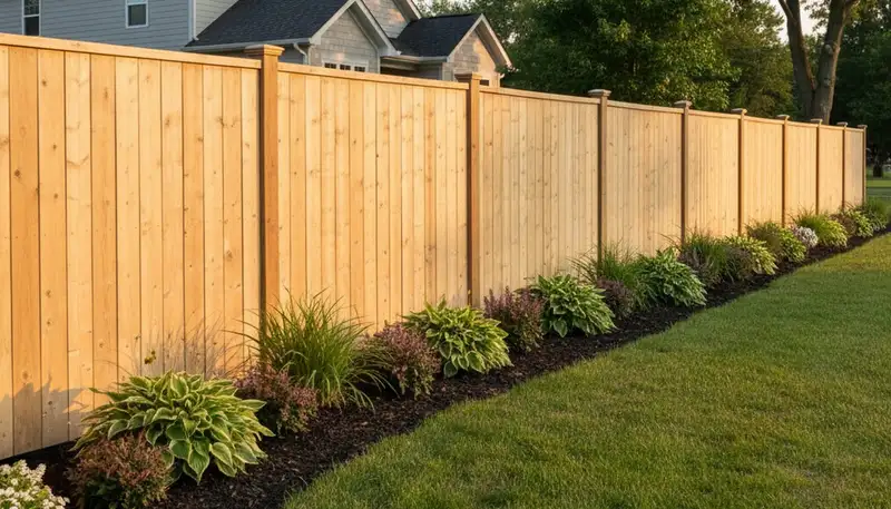 White wooden privacy fence installation by Chop Chop Landscaping in Buffalo, NY showcasing expert craftsmanship